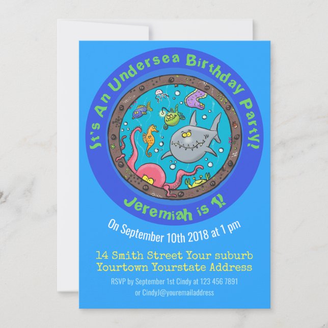 Funny sea creatures in ship port hole cartoon invitation (Front)