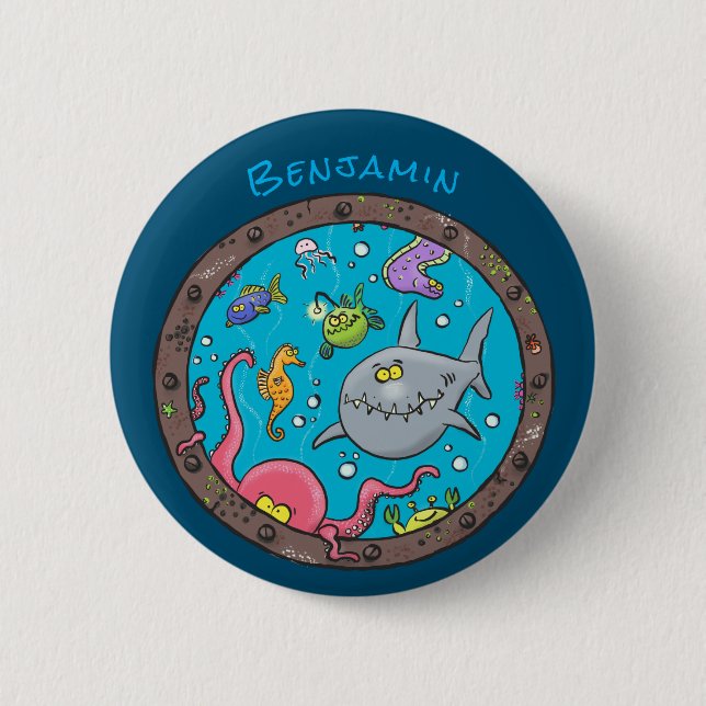 Funny sea creatures underwater cartoon drawing 6 cm round badge (Front)