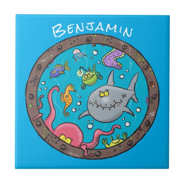 Funny sea creatures underwater cartoon drawing ceramic tile (Front)
