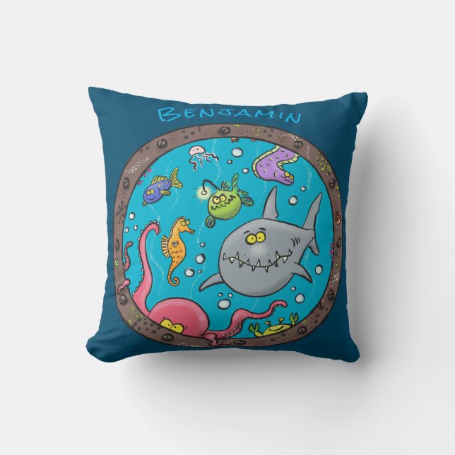 Funny sea creatures underwater cartoon drawing cushion (Front)