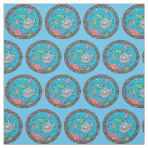 Funny sea creatures underwater cartoon drawing fabric