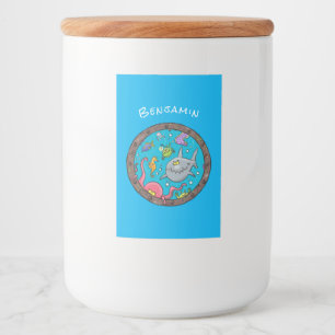 Funny sea creatures underwater cartoon drawing food label