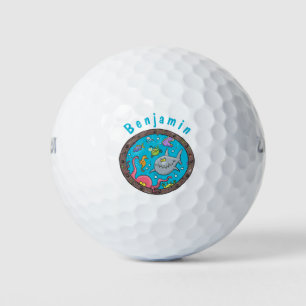 Funny sea creatures underwater cartoon drawing golf balls