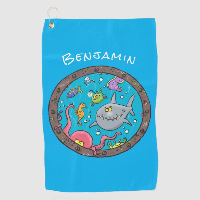 Funny sea creatures underwater cartoon drawing  golf towel (Front)