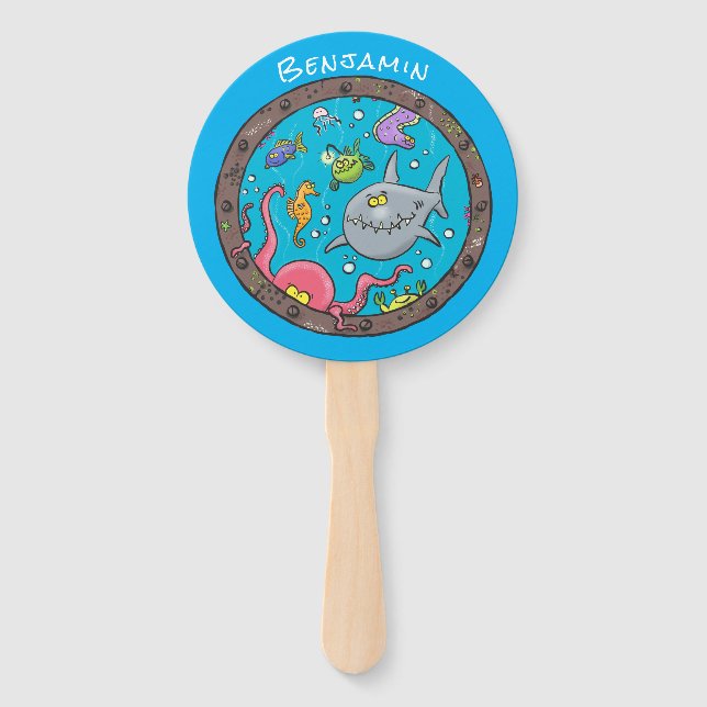 Funny sea creatures underwater cartoon drawing hand fan (Front)