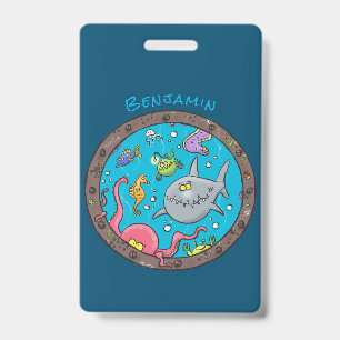Funny sea creatures underwater cartoon drawing ID badge