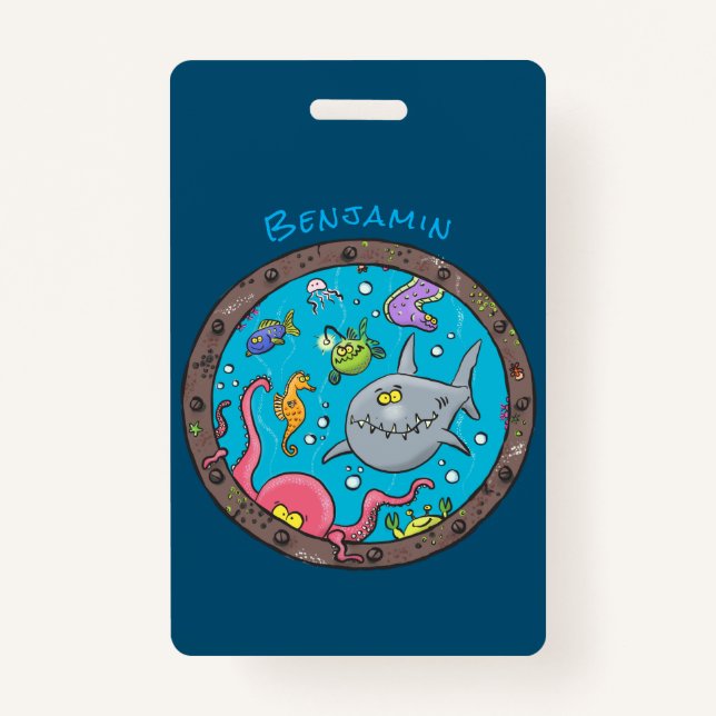 Funny sea creatures underwater cartoon drawing ID badge (Front)