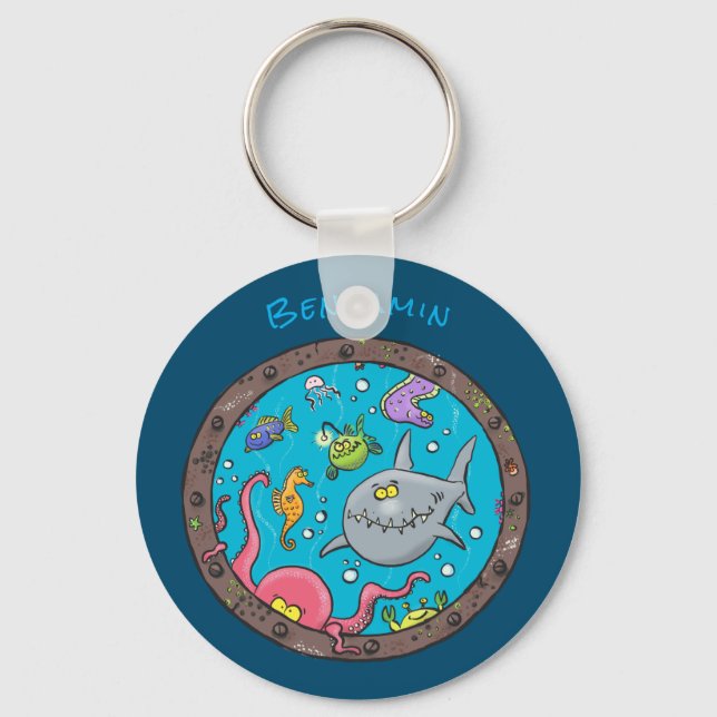 Funny sea creatures underwater cartoon drawing key ring (Front)