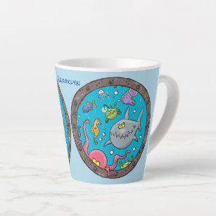 Funny sea creatures underwater cartoon drawing latte mug