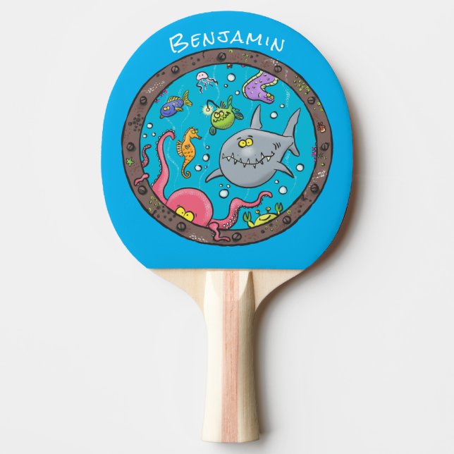 Funny sea creatures underwater cartoon drawing ping pong paddle (Front)