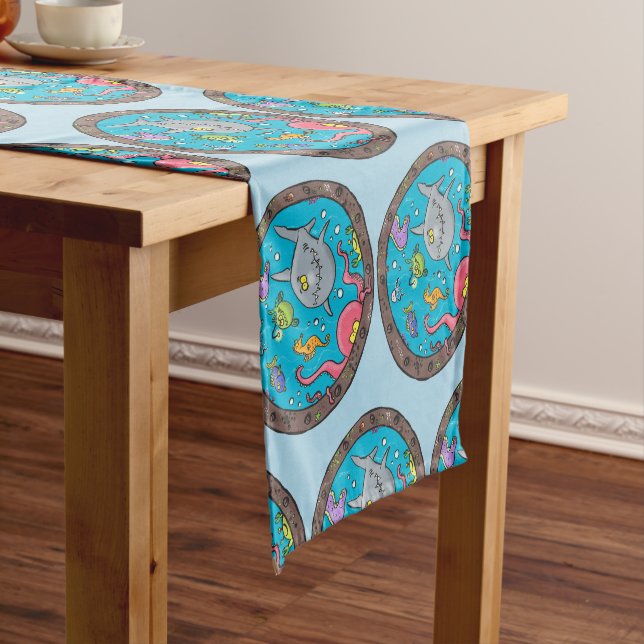 Funny sea creatures underwater cartoon drawing short table runner (In Situ)