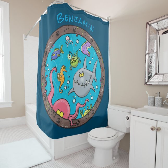 Funny sea creatures underwater cartoon drawing shower curtain (In Situ)