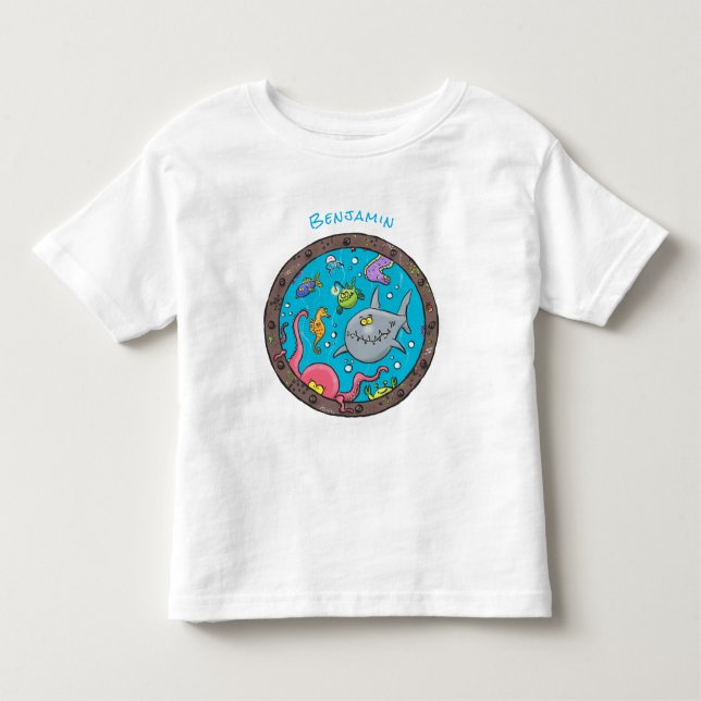 Funny sea creatures underwater cartoon drawing toddler T-Shirt (Front)