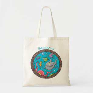 Funny sea creatures underwater cartoon drawing tote bag