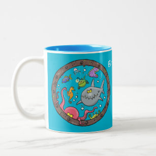 Funny sea creatures underwater cartoon drawing Two-Tone coffee mug