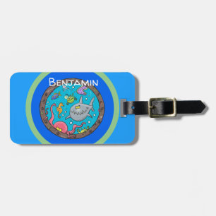 Funny sea creatures underwater cartoon luggage tag