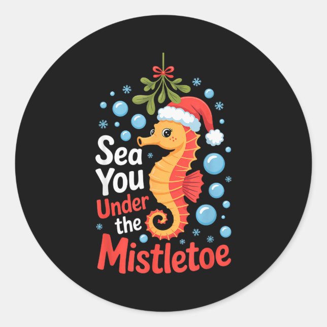 Funny Sea Horse Christmas Seahorse Santa Hat Kids  Classic Round Sticker (Front)