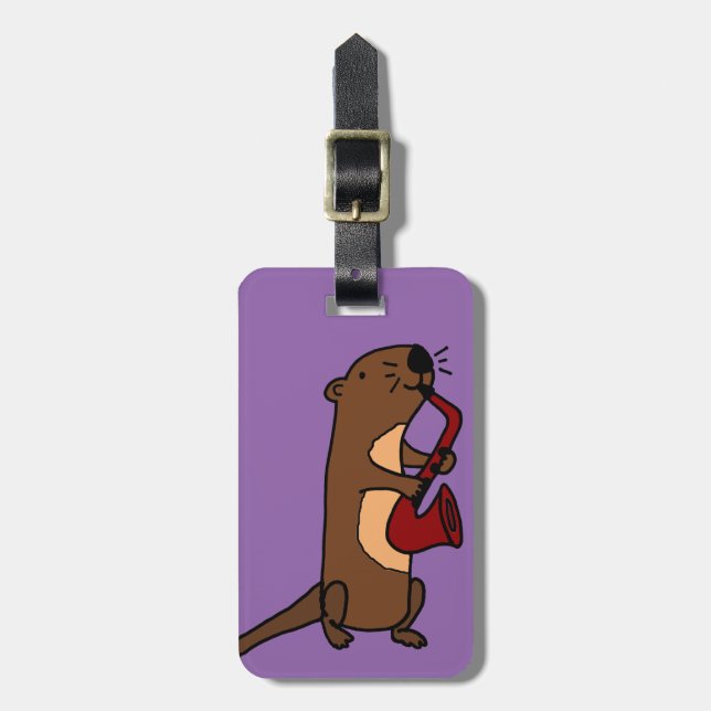 Funny Sea Otter Playing Saxophone Luggage Tag (Front Vertical)