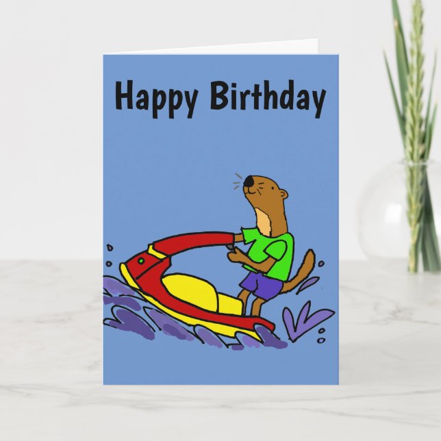 Funny Sea Otter Riding Jet Ski Cartoon Card (Front)