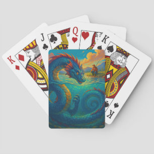 Funny sea serpent playing with a fisherman fantasy playing cards