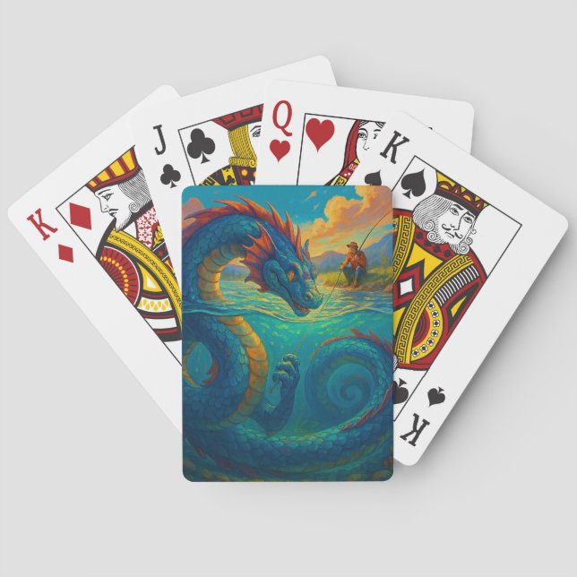 Funny sea serpent playing with a fisherman fantasy playing cards (Back)