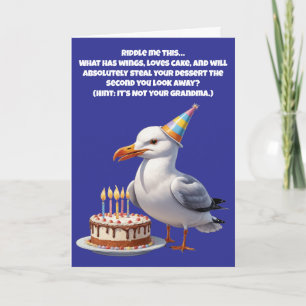 Funny Seagull Birthday Riddle – Cake at Risk! Card