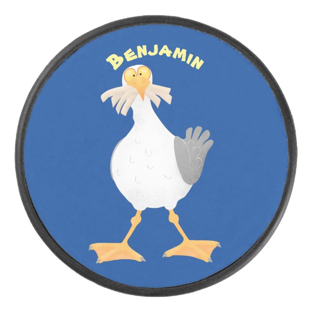 Funny seagull with French fries cartoon Hockey Puck (Front)