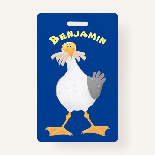 Funny seagull with French fries cartoon ID Badge (Front)