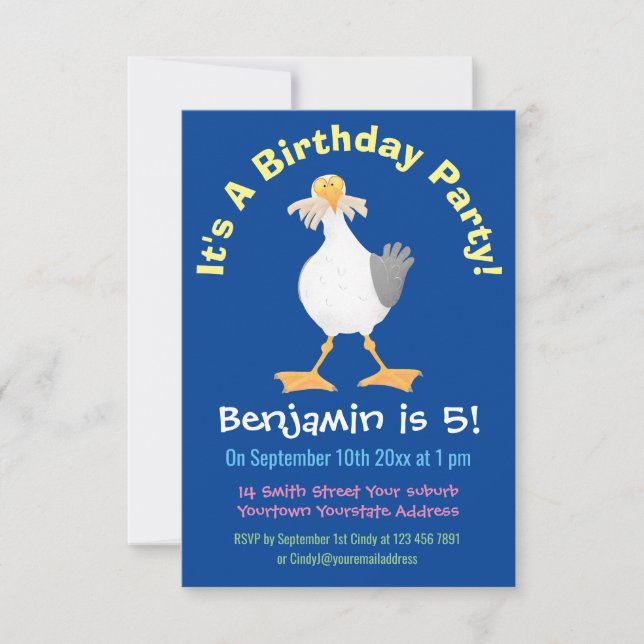 Funny seagull with French fries cartoon Invitation (Front)