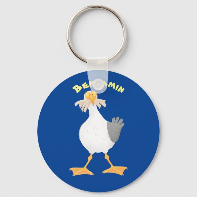 Funny seagull with French fries cartoon Key Ring (Front)