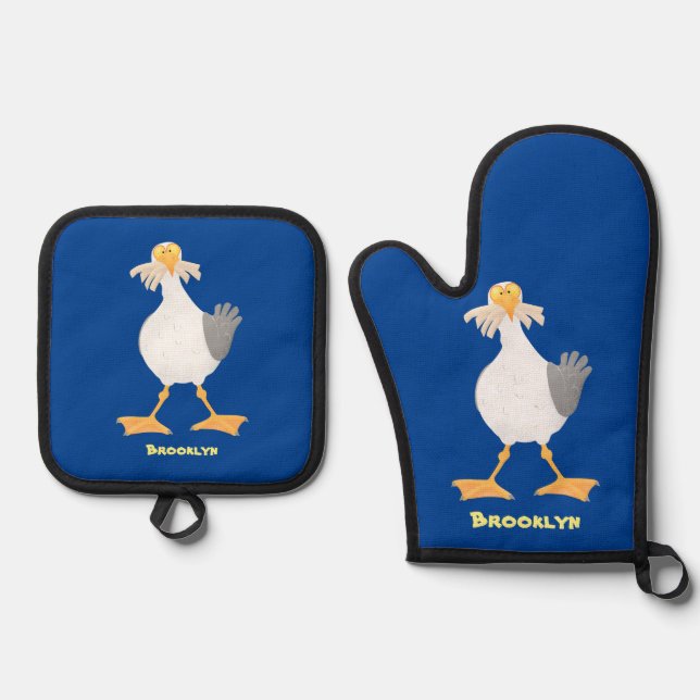 Funny seagull with French fries cartoon Oven Mitt & Pot Holder Set (Front)