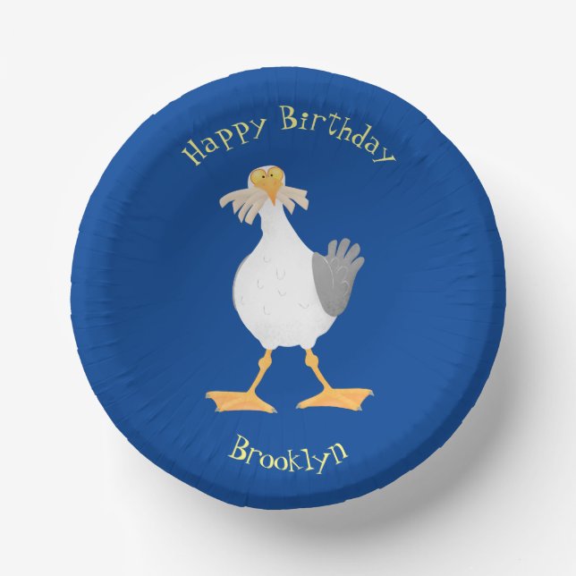 Funny seagull with French fries cartoon Paper Plate (Front)