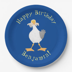 Funny seagull with French fries cartoon Paper Plate