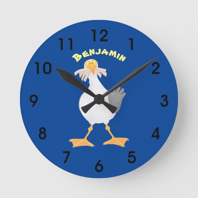 Funny seagull with French fries cartoon Round Clock (Front)