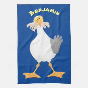 Funny seagull with French fries cartoon Tea Towel