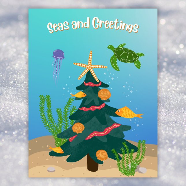 Funny Seas and Greetings Ocean Christmas Tree Flat Holiday Postcard (Creator Uploaded)