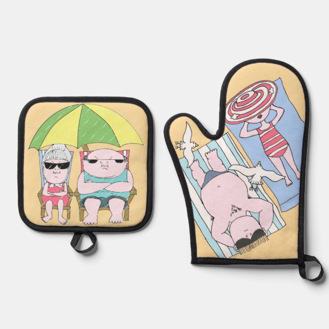 Funny Seaside Couple Cartoon Seaside Art Oven Mitt & Pot Holder Set (Front)