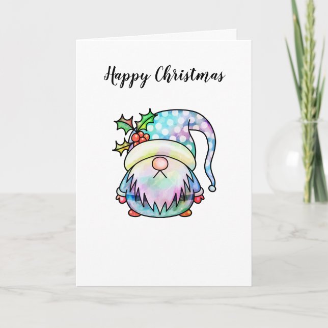 Funny Seasonal Watercolor Christmas Garden Gnome Card (Front)