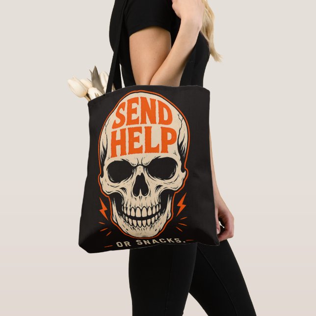 Funny Send Help Or Snacks Retro Skull Tote Bag (Close Up)