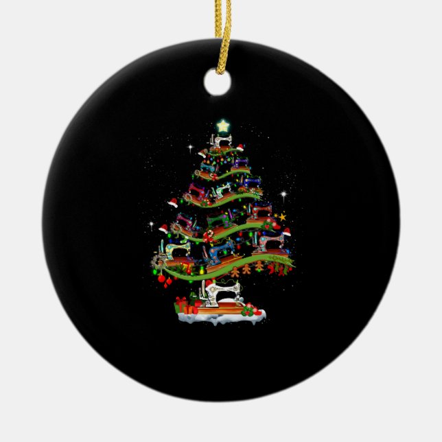 Funny Sewing Christmas Tree Tee Quilting Lovers Ceramic Ornament (Front)