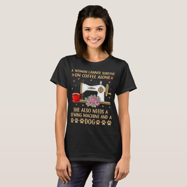Funny Sewing Dog Coffee Lover Sewing machine Quilt T-Shirt (Front Full)