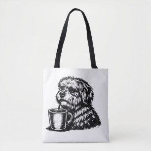 Funny Shaggy Dog Drinking Coffee Sketch Tote Bag