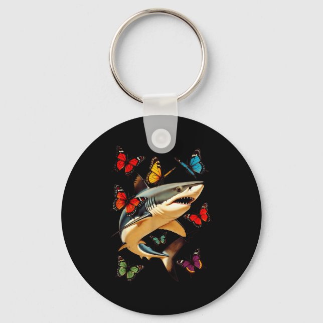 Funny Shark Butterflies Retro Graphic Design Key Ring (Front)