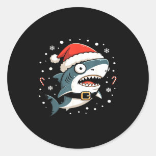 Funny Shark Christmas Lights Santa Hat Ocean Desig Classic Round Sticker