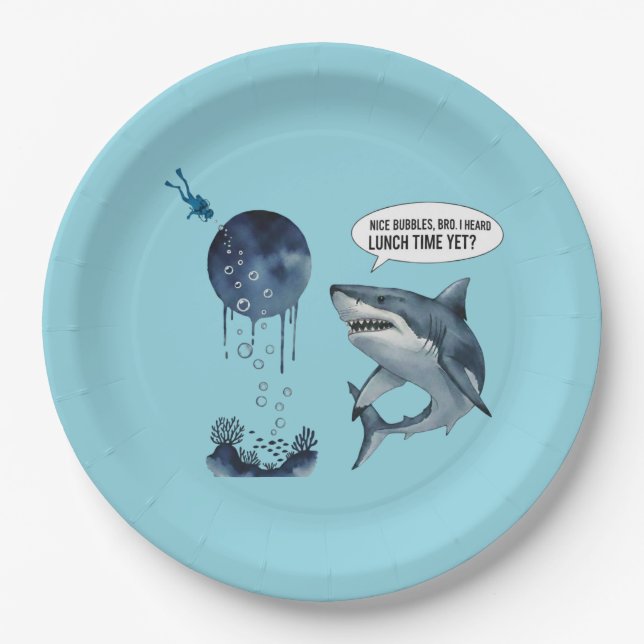 Funny shark diver lunch time :nice bubbles bro paper plate (Front)