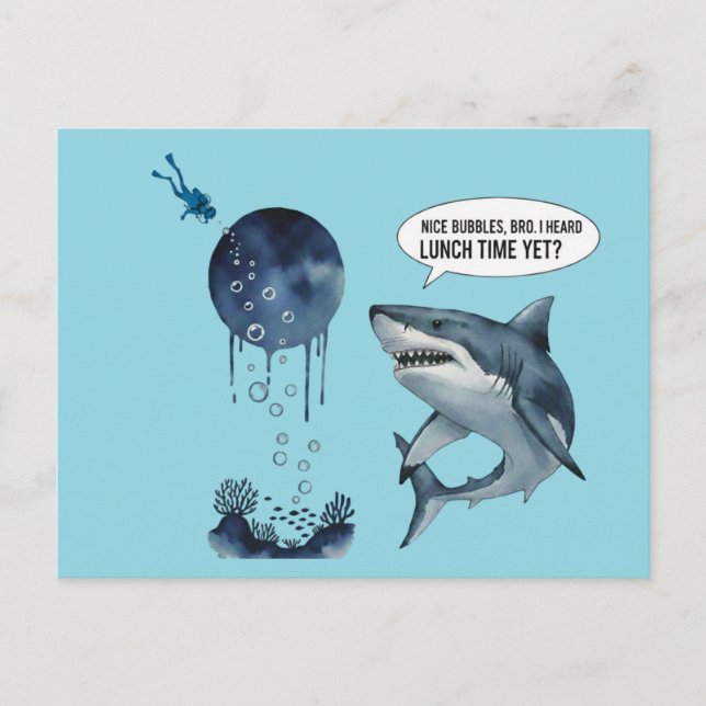Funny shark diver lunch time nice bubbles bro postcard (Front)