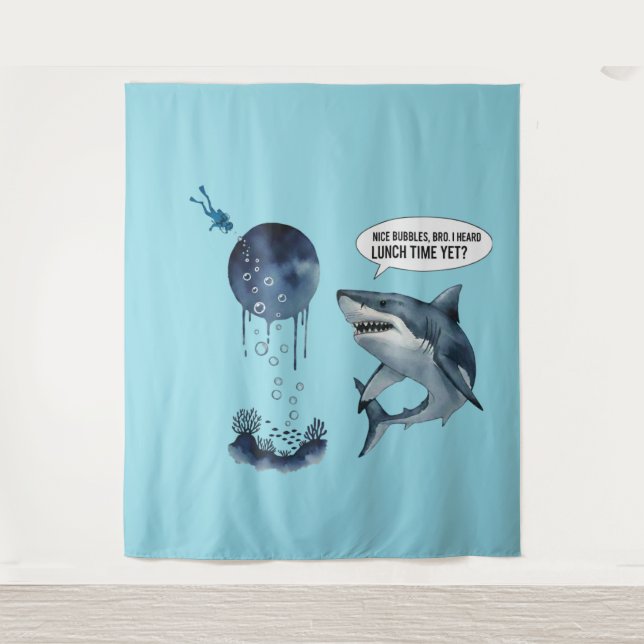 Funny shark diver lunch time :nice bubbles bro tapestry (Front)
