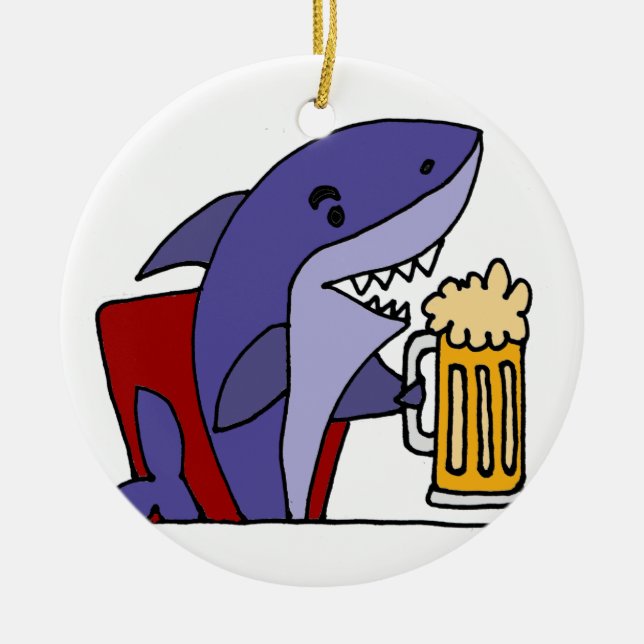 Funny Shark Drinking Beer Ceramic Tree Decoration (Front)