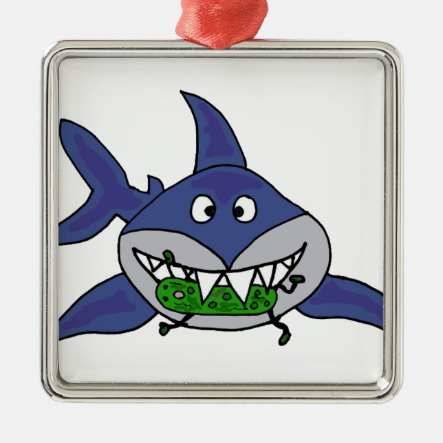 Funny Shark Eating Pickle Man Cartoon Metal Ornament (Front)