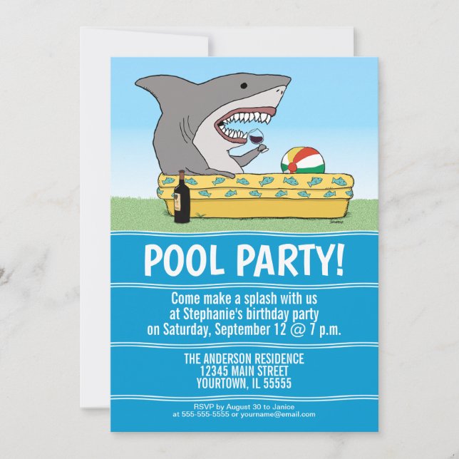 Funny Shark in Pool Birthday Party Invitation (Front)